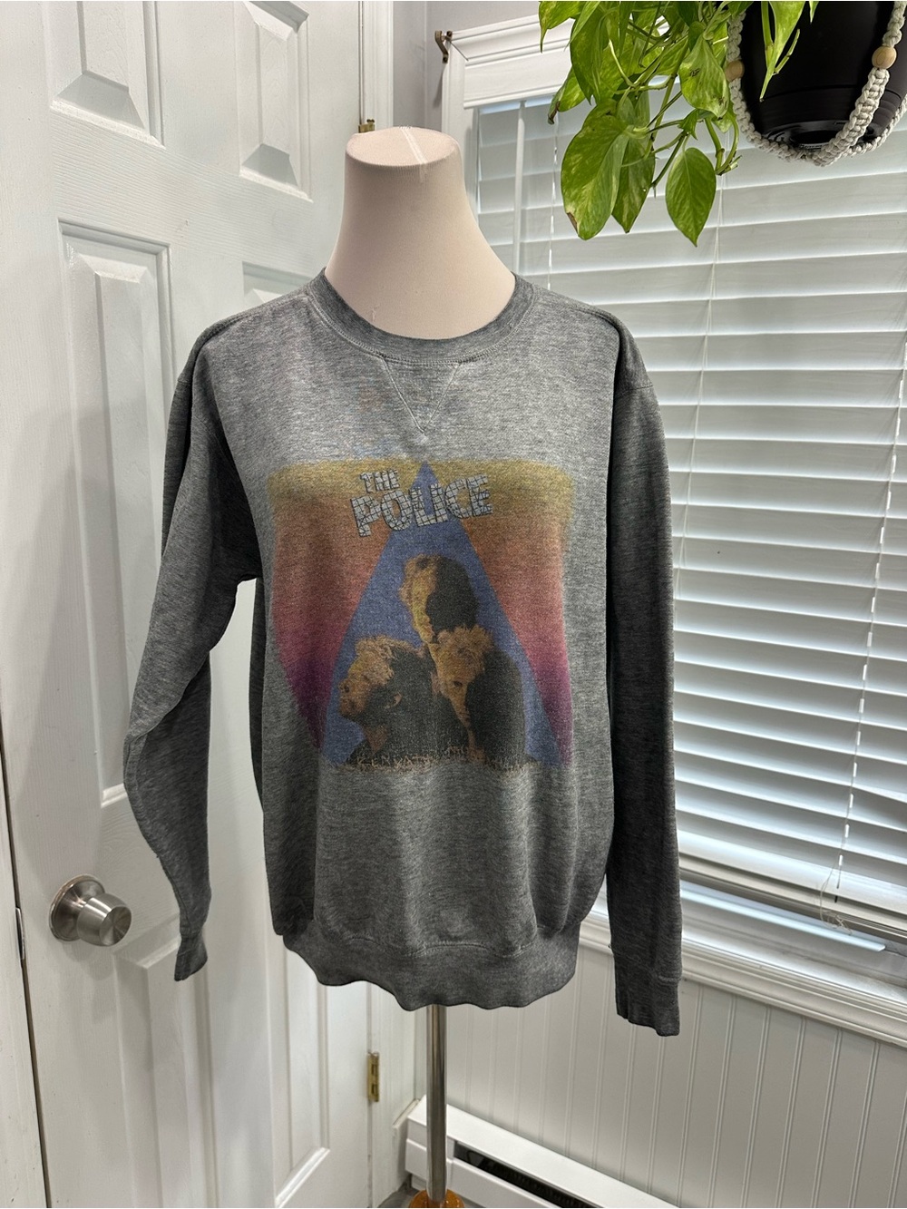 Police Men's Gray Crewneck Sweatshirt with Retro Band Graphic